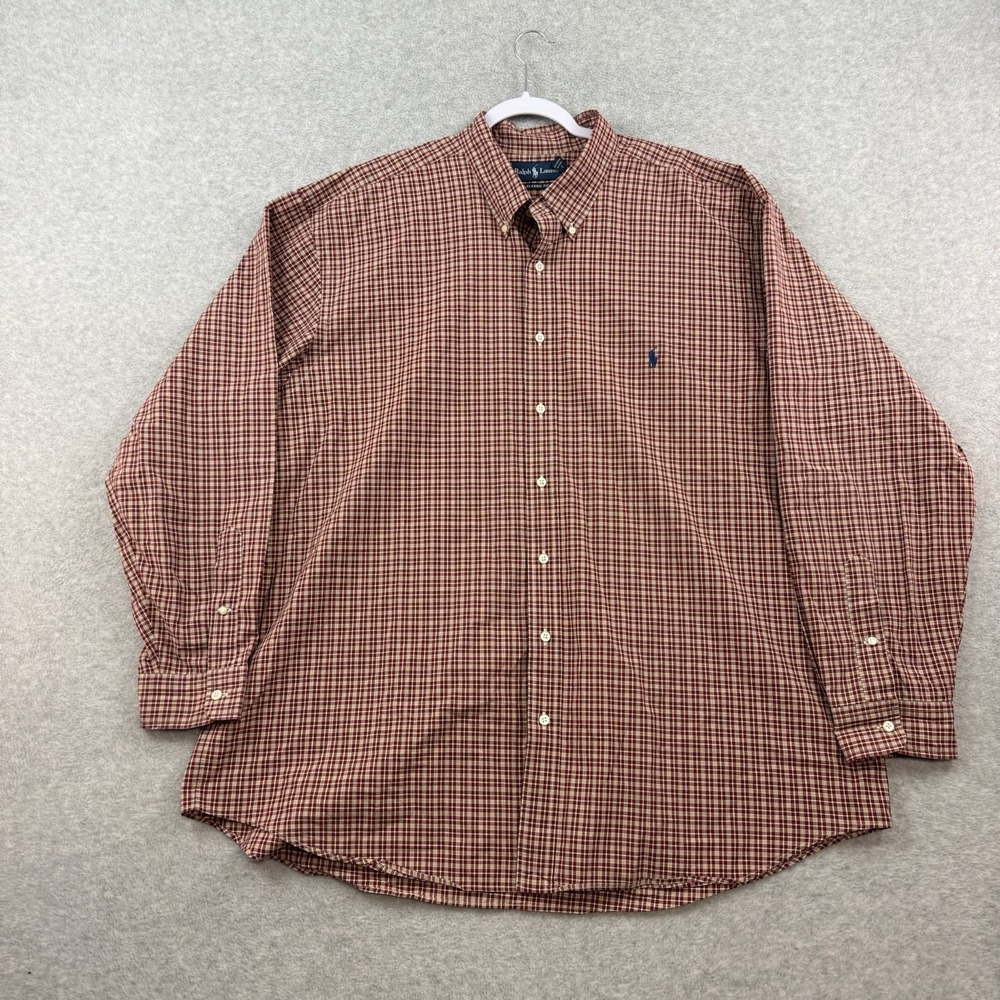 Polo Ralph Lauren Shirt Mens 2XB Brown Green Plaid Button Front Long Sleeve